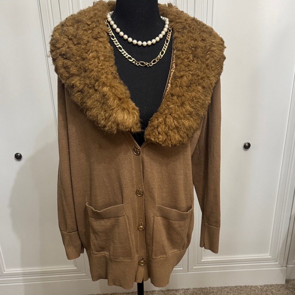 Michael Kors Brown Faux Fur Collar Cardigan